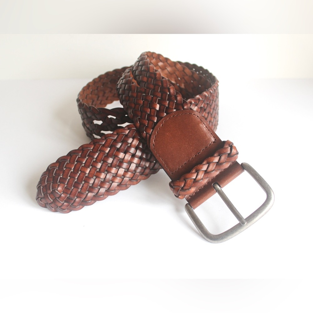 Vintage Cognac Brown Woven Knotted Leather Belt, Size XL Adjustable 33-41” Wide